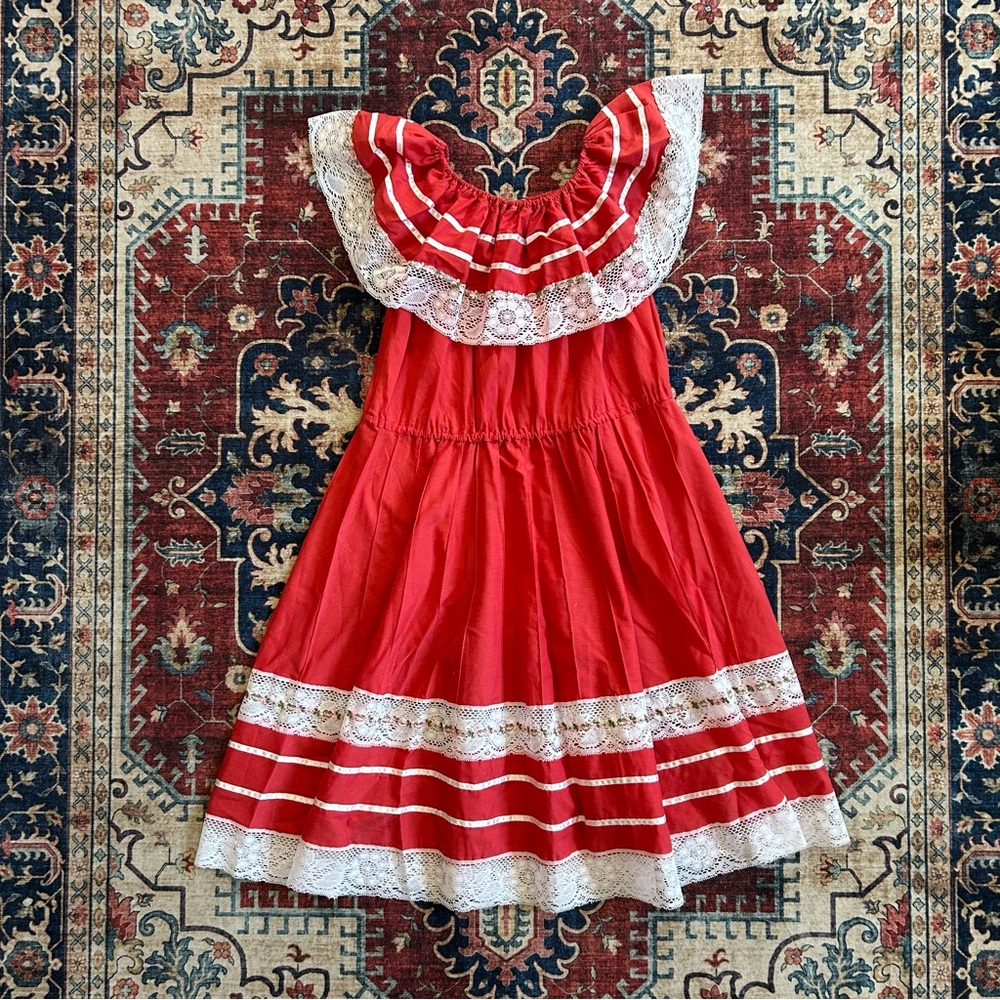 Vintage 70s Fiesta Red Campesina Dress